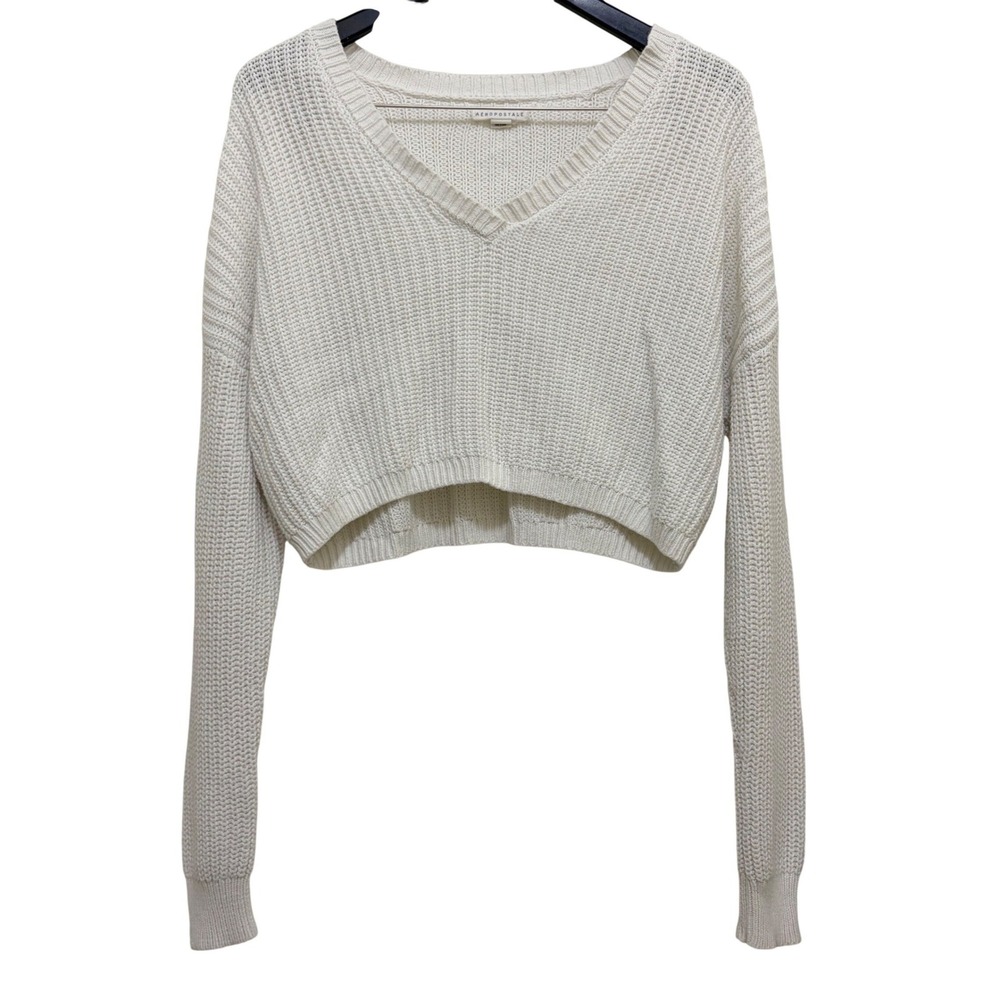 Aeropostale Cropped Knit Sweater White Size Small V-Neck Cottagecore Soft Girl